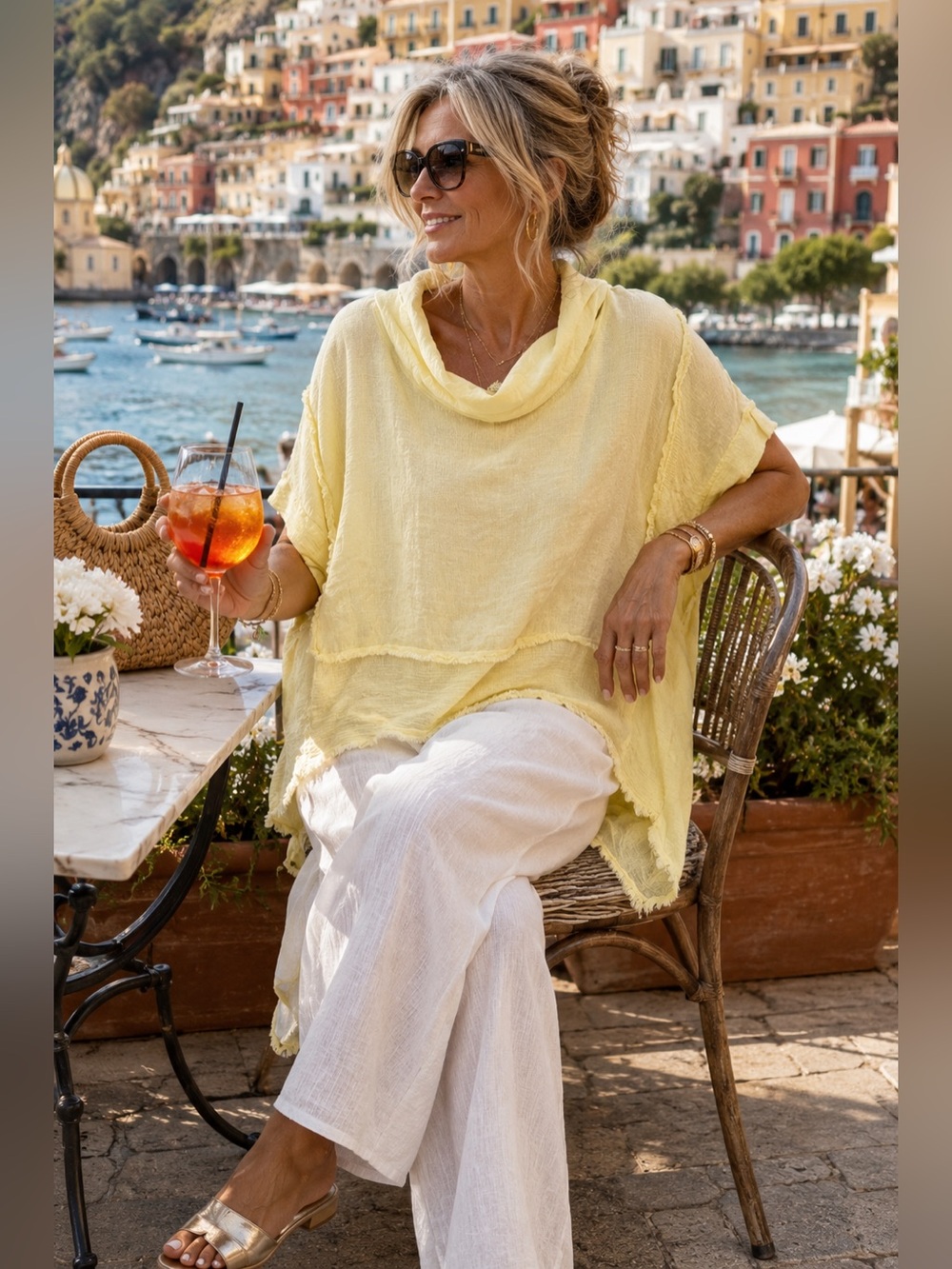 Made in Italy Lemon Linen Blend Cowl Neck Tunic Top | Boutique Coastal Chic